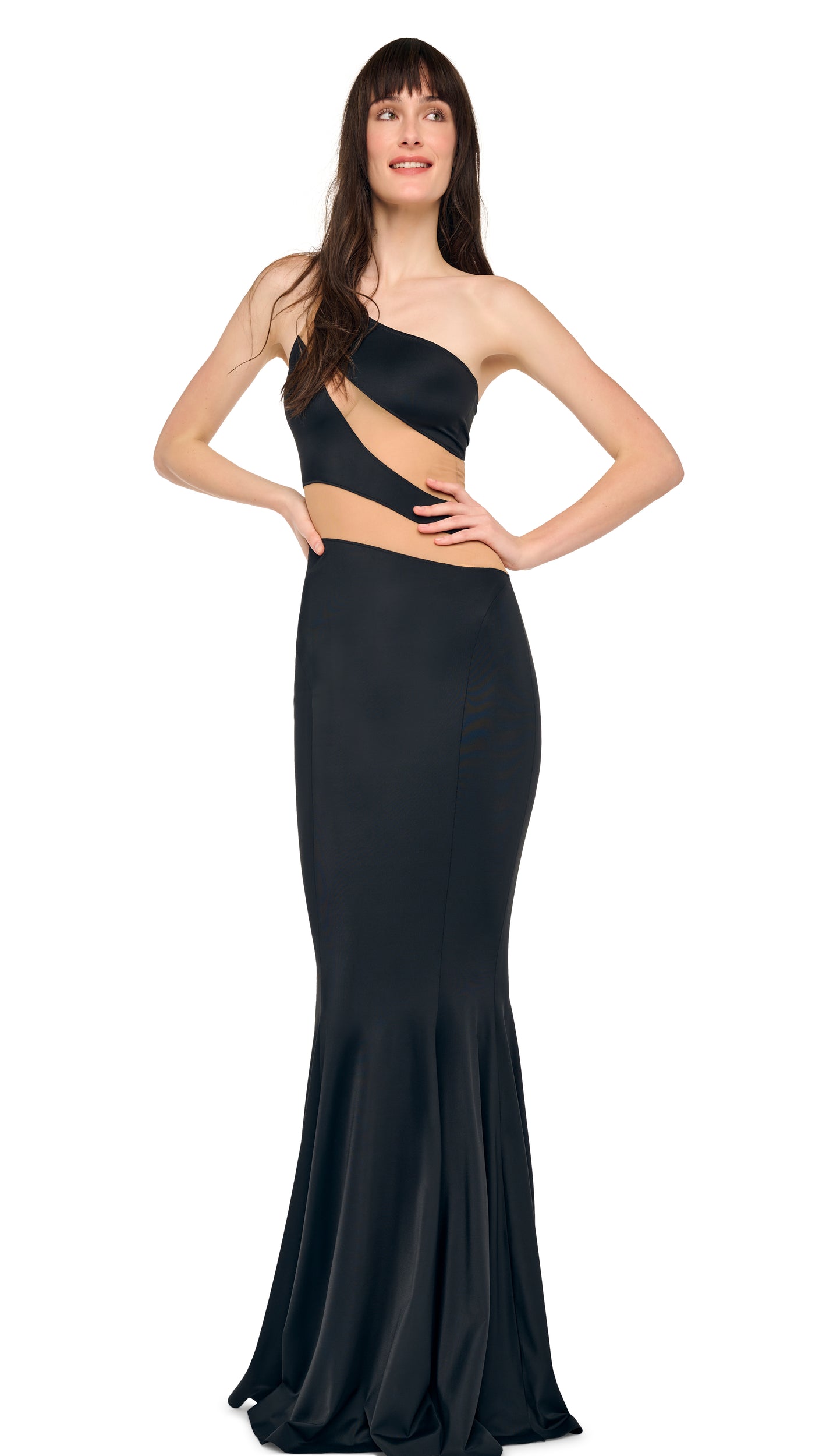SNAKE MESH FISHTAIL GOWN – Black/Dark Nude Mesh – Norma Kamali