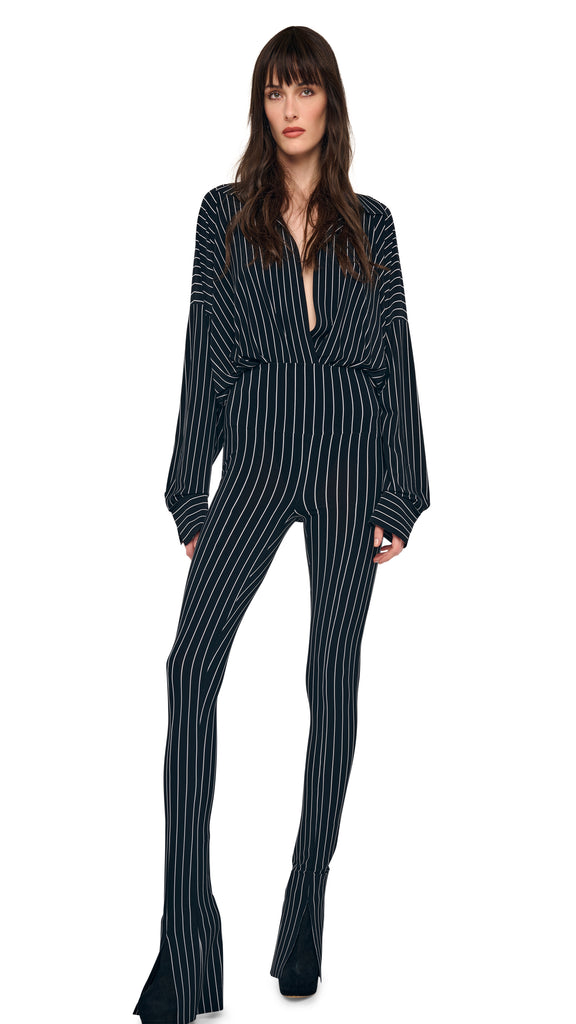 SPAT LEGGING – Blk/Wht Refined Pinstripe – Norma Kamali