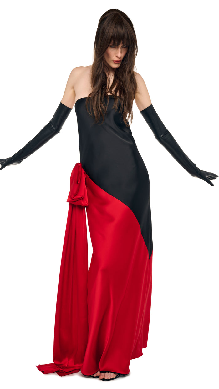 SPLICED BIAS STRAPLESS GOWN W/ BOW #1