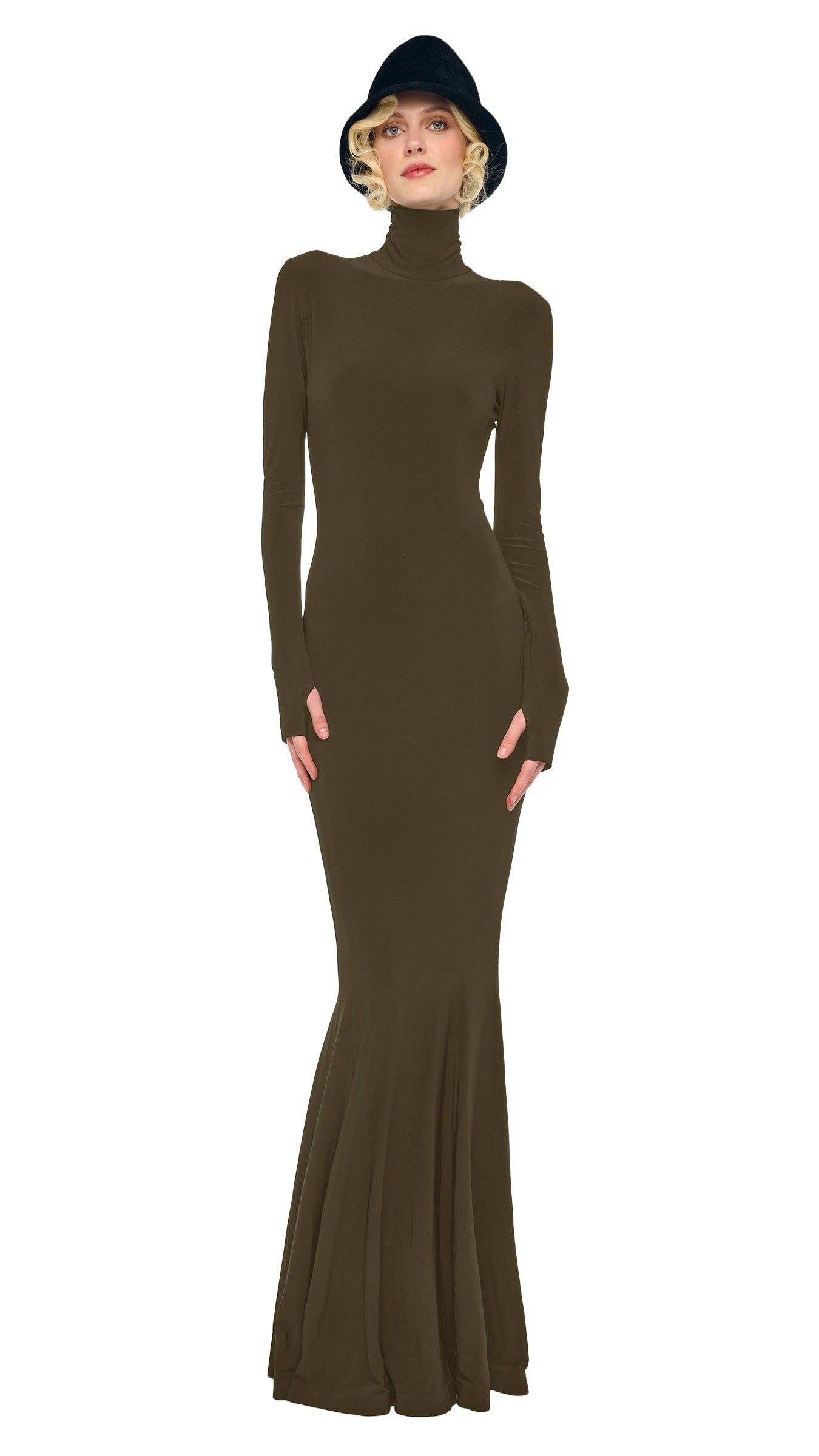 LONG SLEEVE TURTLE FISHTAIL GOWN - Bark / XS