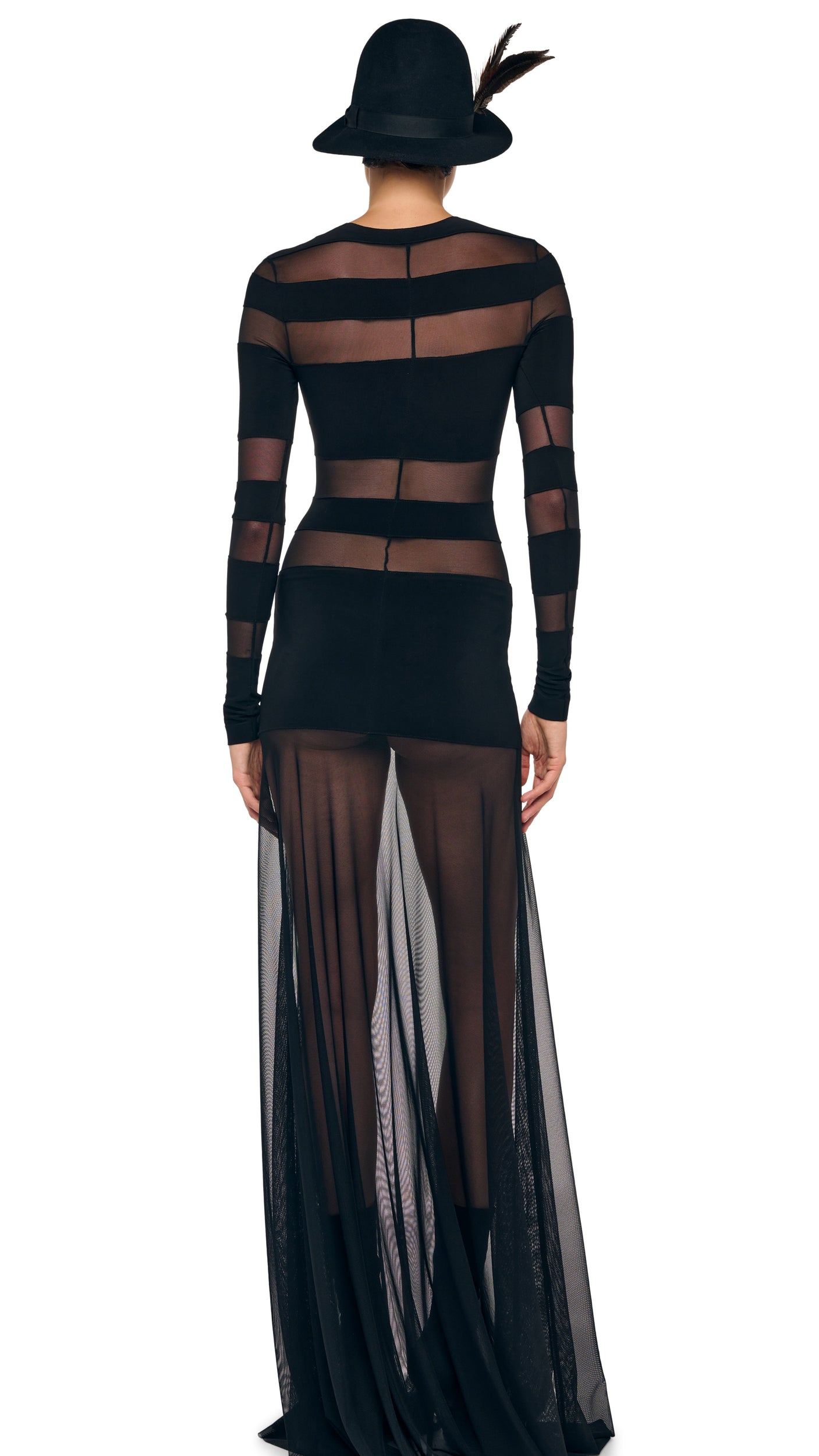 SPLICED LONG SLEEVE FLARED GOWN Black/Black Mesh Norma Kamali SPLICED LONG SLEEVE FLARED GOWN Black/Black Mesh Norma Kamali