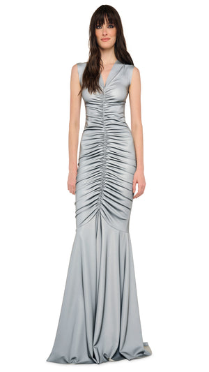SLEEVELESS DEEP V NECK SHIRRED FRONT FISHTAIL GOWN #3 Thumbnail