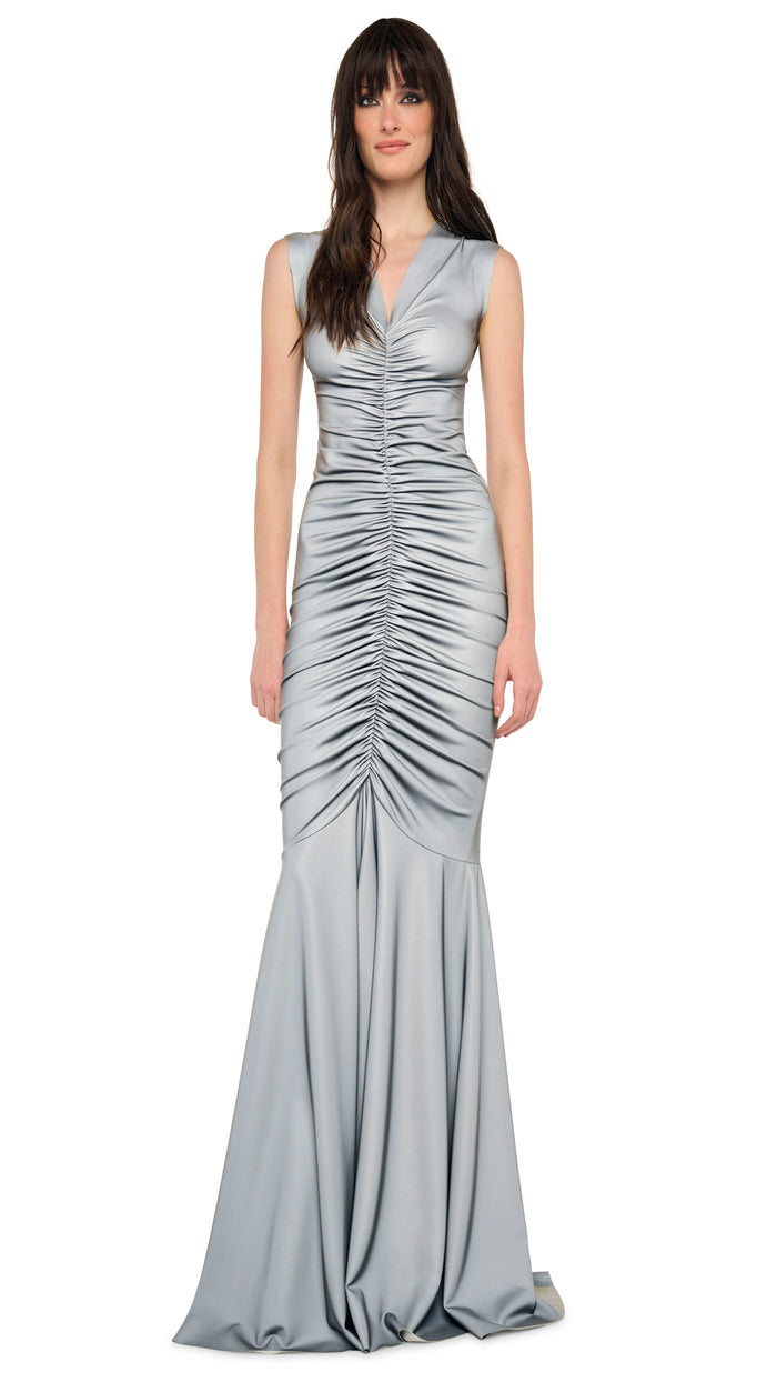 SLEEVELESS DEEP V NECK SHIRRED FRONT FISHTAIL GOWN #3