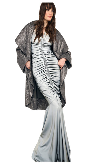 SLEEVELESS DEEP V NECK SHIRRED FRONT FISHTAIL GOWN #1 Thumbnail