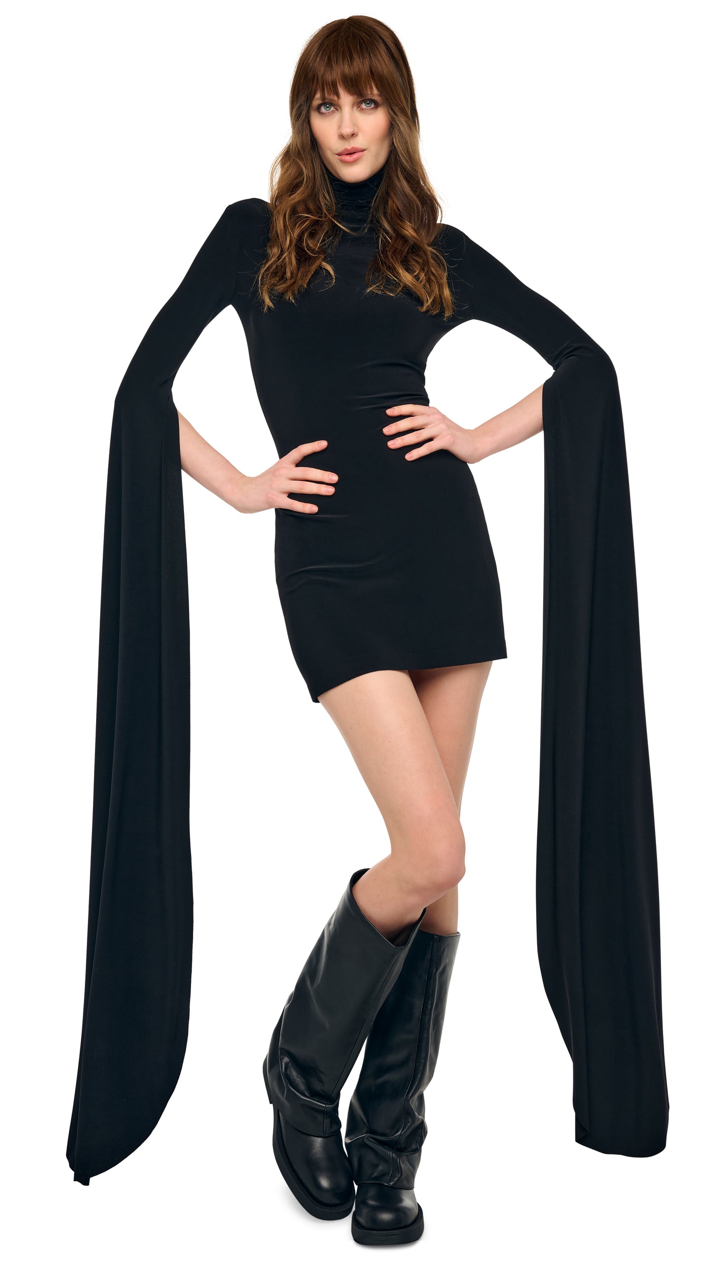 Norma Kamali Ribbon Sleeve Turtleneck Mini Dress