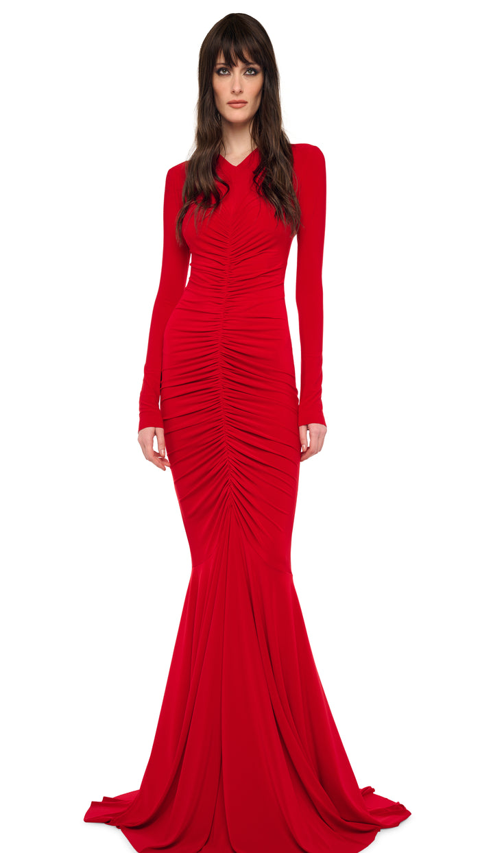 LONG SLEEVE V NECK SHIRRED FRONT FISHTAIL GOWN #1
