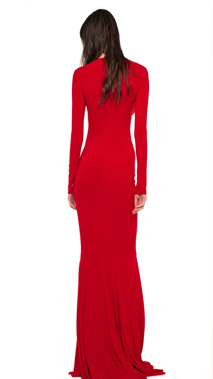 LONG SLEEVE V NECK SHIRRED FRONT FISHTAIL GOWN #3