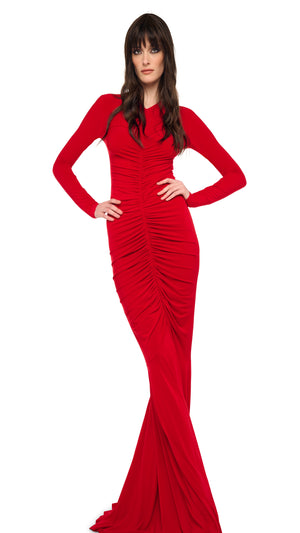 LONG SLEEVE V NECK SHIRRED FRONT FISHTAIL GOWN #4 Thumbnail