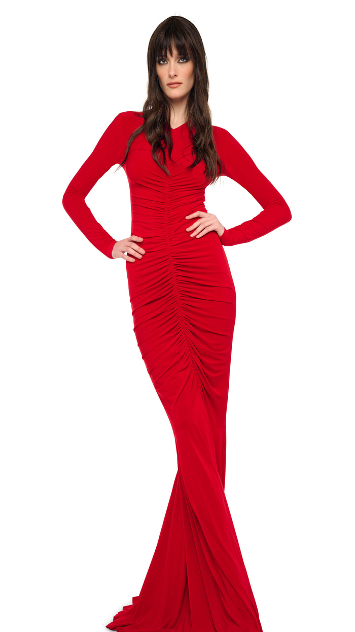 LONG SLEEVE V NECK SHIRRED FRONT FISHTAIL GOWN #4