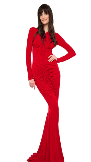 LONG SLEEVE V NECK SHIRRED FRONT FISHTAIL GOWN #5 Thumbnail