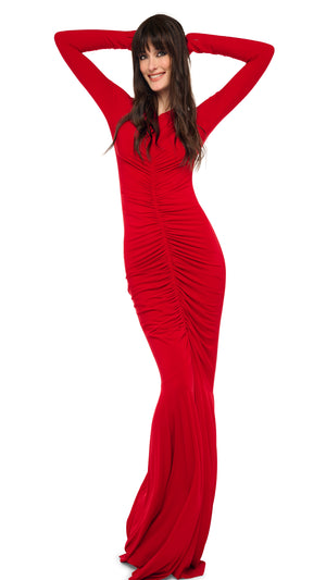 LONG SLEEVE V NECK SHIRRED FRONT FISHTAIL GOWN #6 Thumbnail