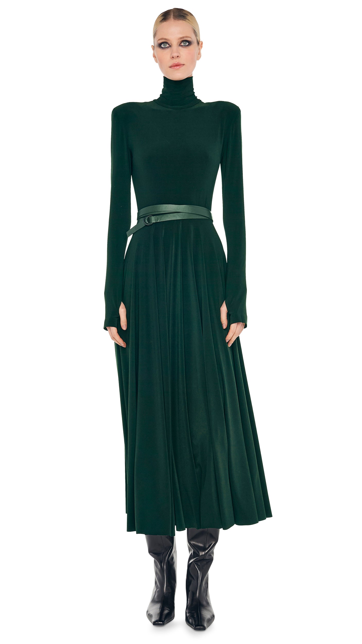 LS SHOULDER PAD TURTLE FLARED DRESS TO MIDCALF Dark Emerald Norma Kamali LS SHOULDER PAD TURTLE FLARED DRESS TO MIDCALF Dark Emerald Norma Kamali