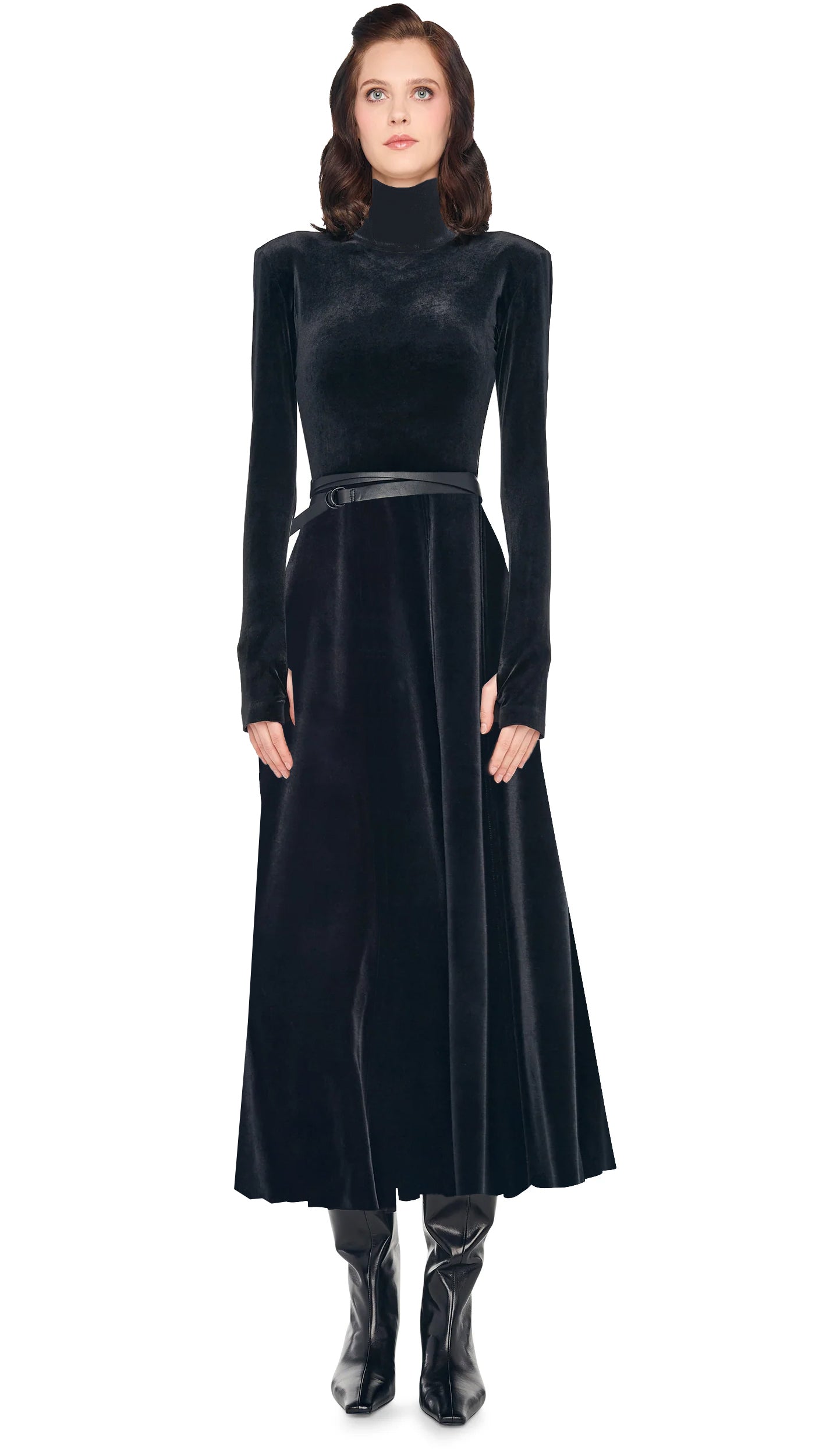 Norma Kamali LS Shoulder Pad Turtle Flared Dress - Black / Size XL Norma Kamali LS Shoulder Pad Turtle Flared Dress - Black / Size XL