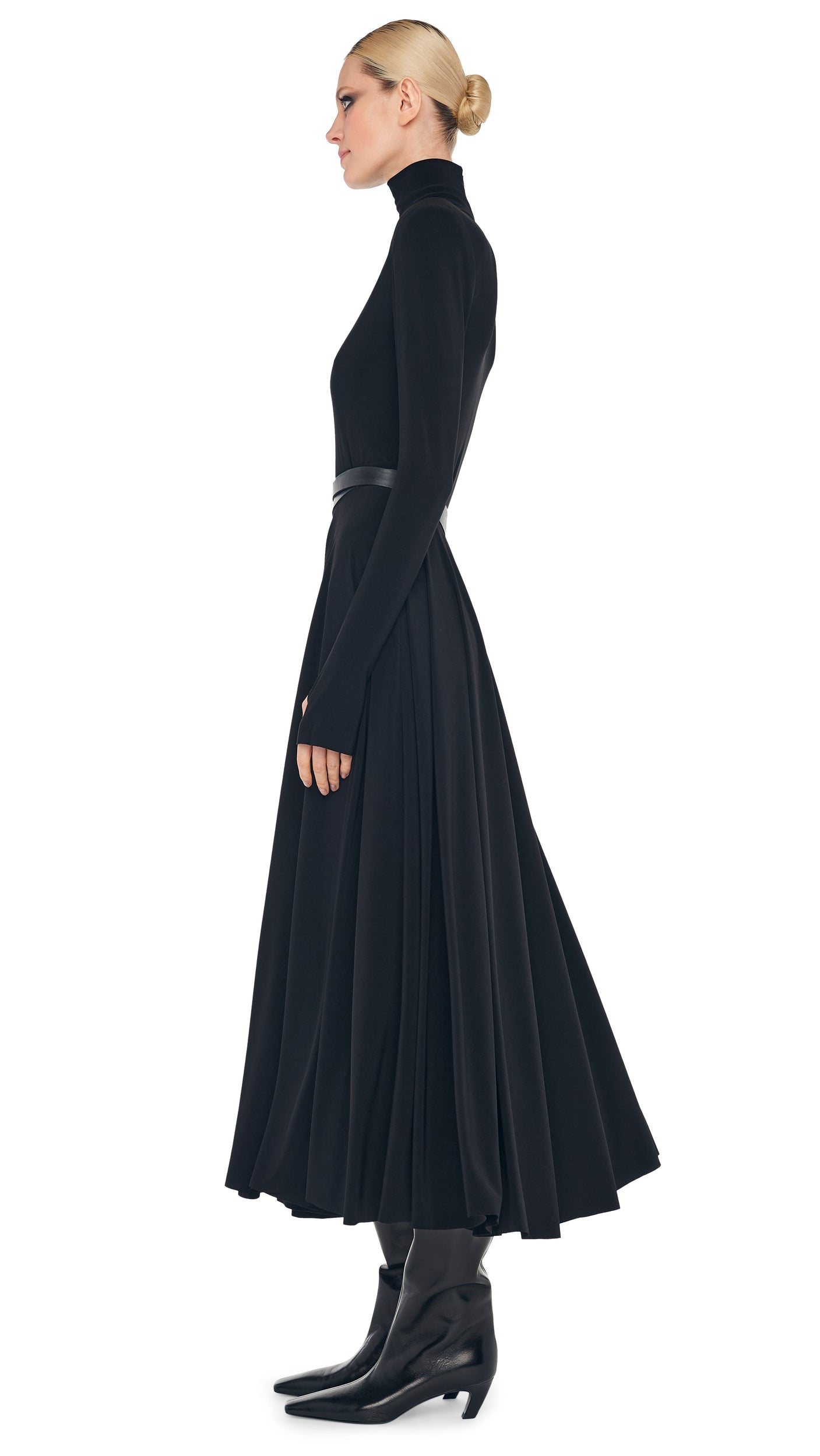 norma kamali fit and flare dress LS SHOULDER PAD TURTLE FLARED DRESS Black Norma Kamali