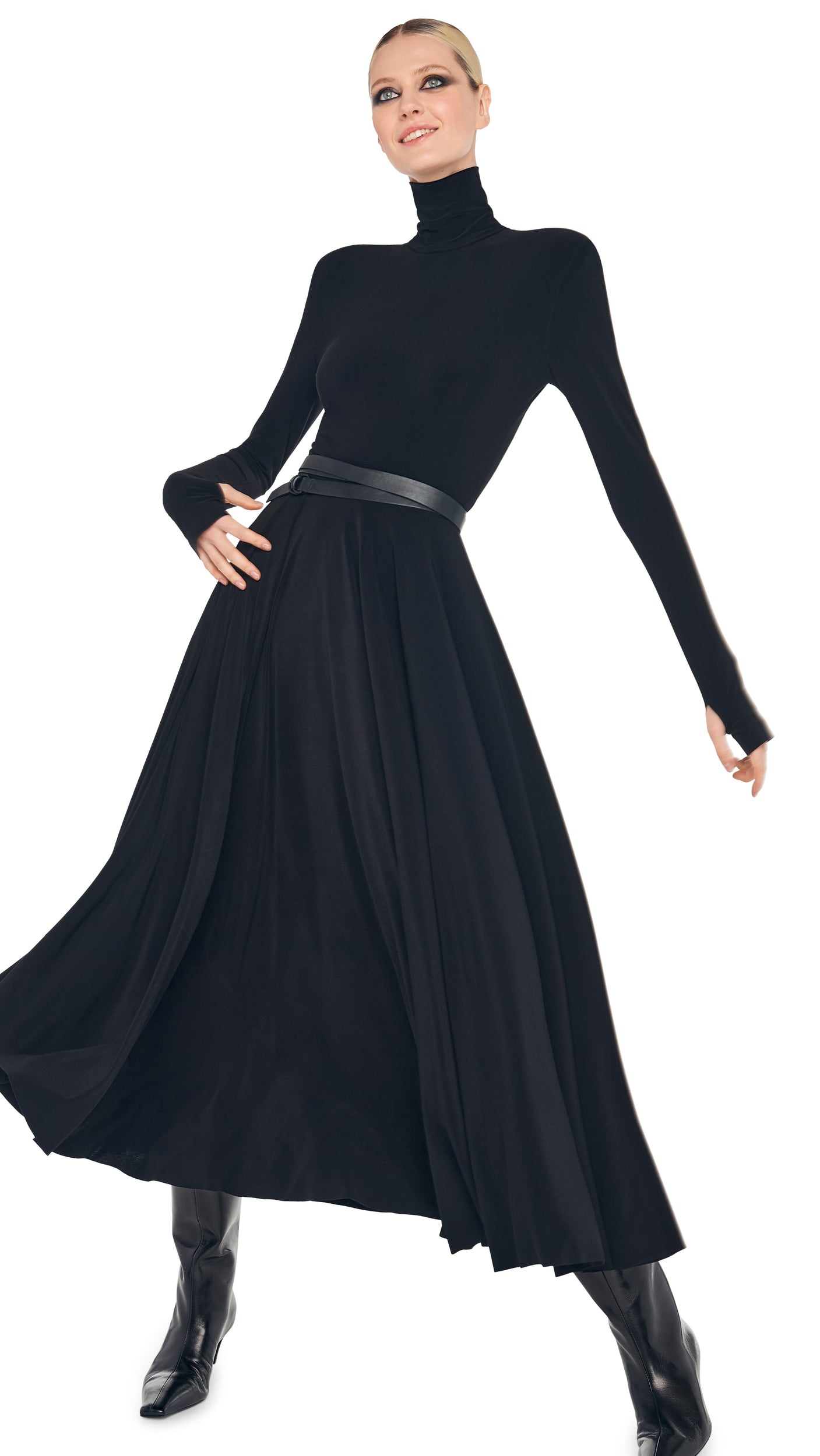 LS SHOULDER PAD TURTLE FLARED DRESS Black Norma Kamali LS SHOULDER PAD TURTLE FLARED DRESS Black Norma Kamali