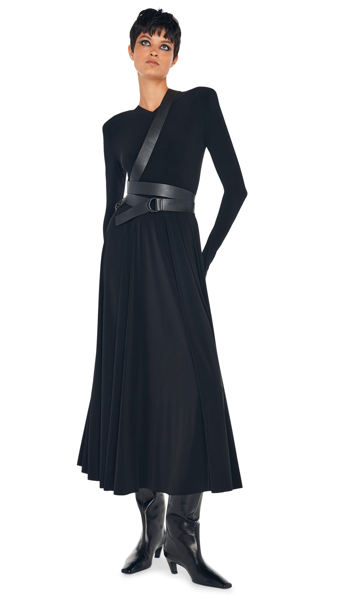 LS SHOULDER PAD V NECK FLARED DRESS Black Norma Kamali LS SHOULDER PAD V NECK FLARED DRESS Black Norma Kamali
