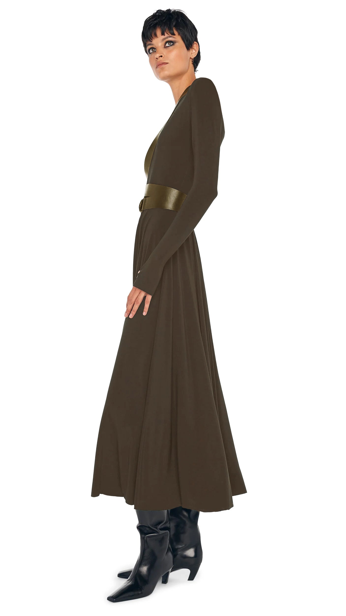 LONG SLEEVE FLARED DRESS – Bark – Norma Kamali