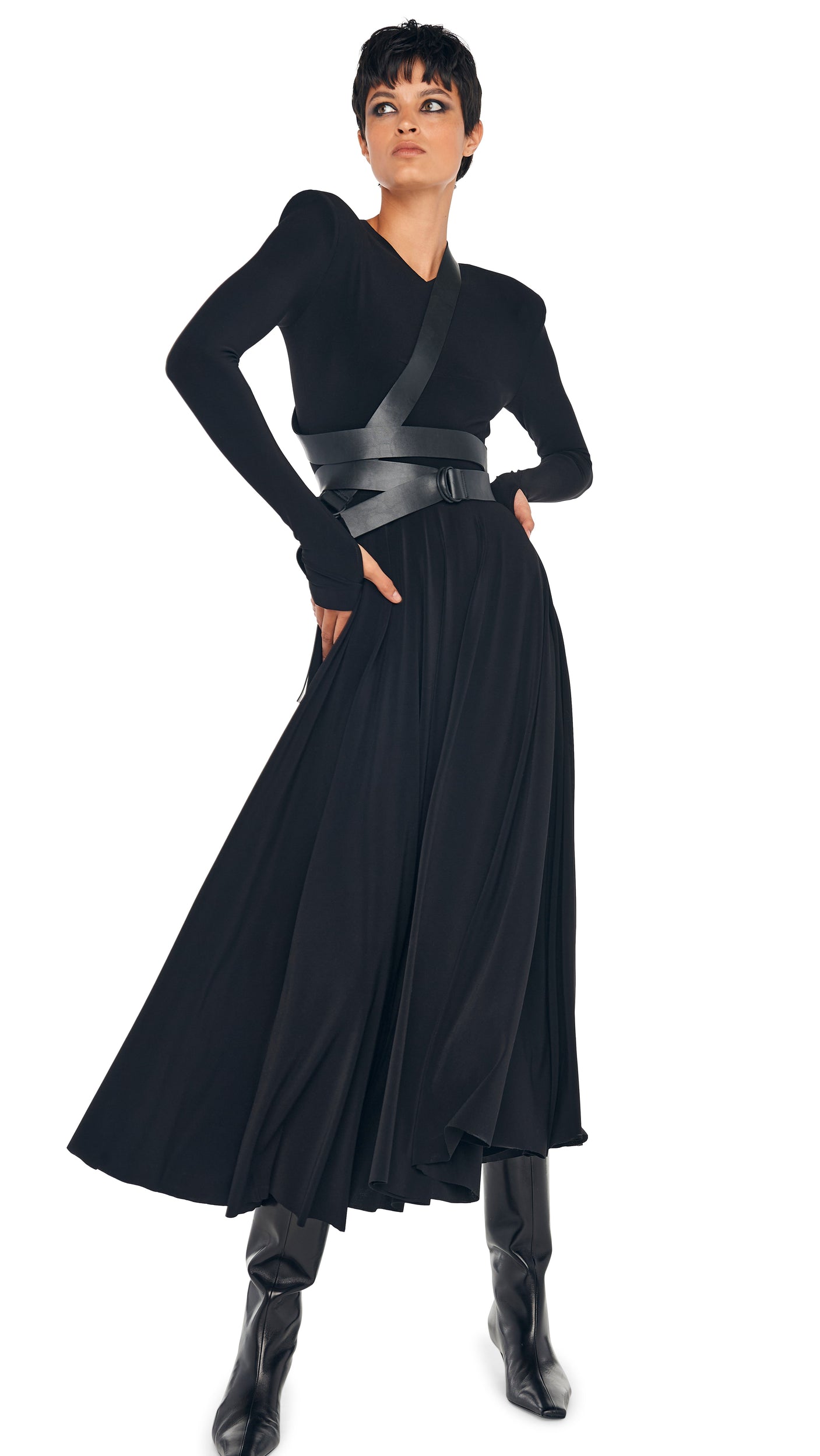 LS SHOULDER PAD V NECK FLARED DRESS Black Norma Kamali LS SHOULDER PAD V NECK FLARED DRESS Black Norma Kamali