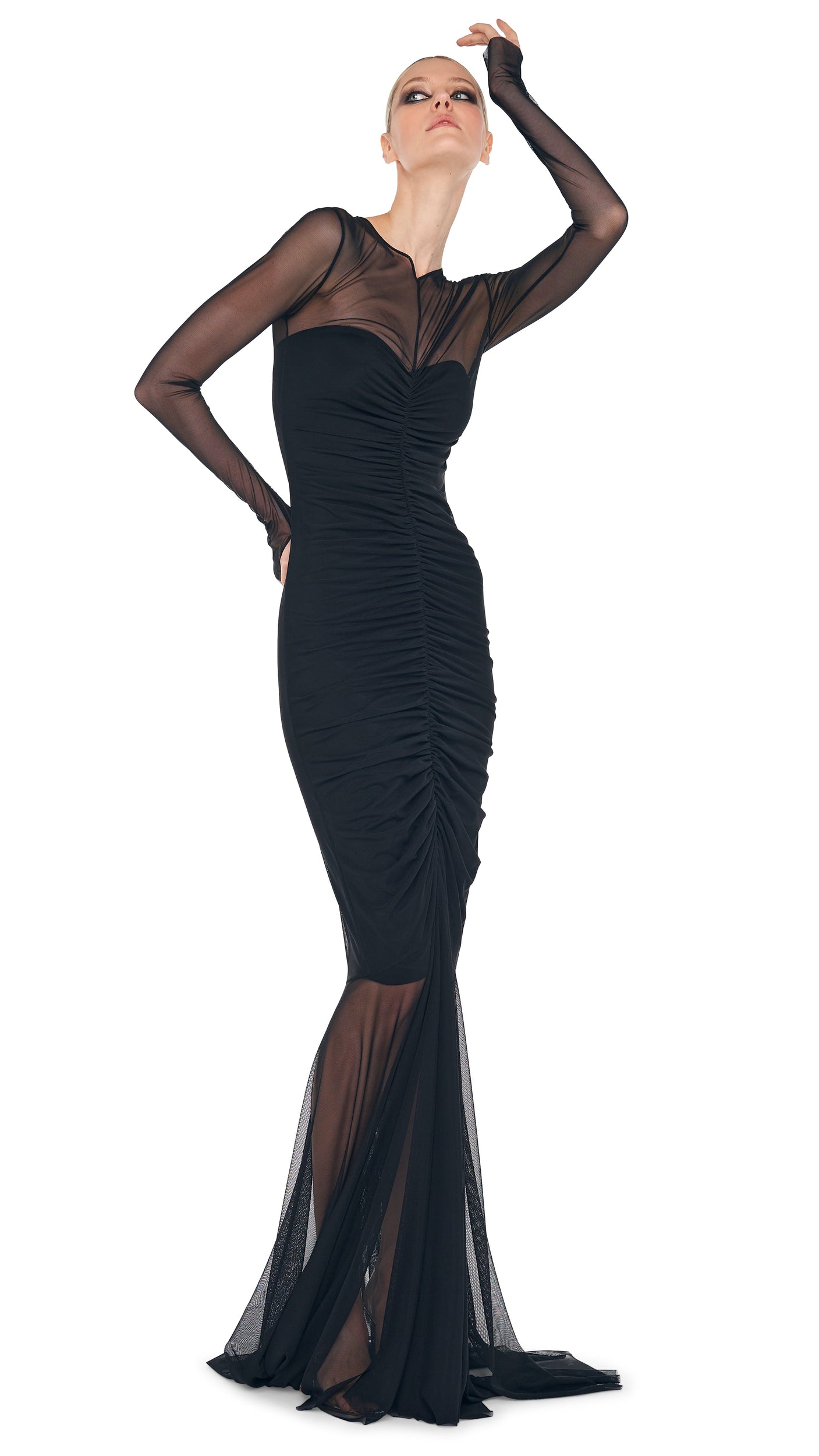 black long sleeve fishtail dress Norma Kamali Long Sleeve V Neck Shirred Front Fishtail Gown in Black