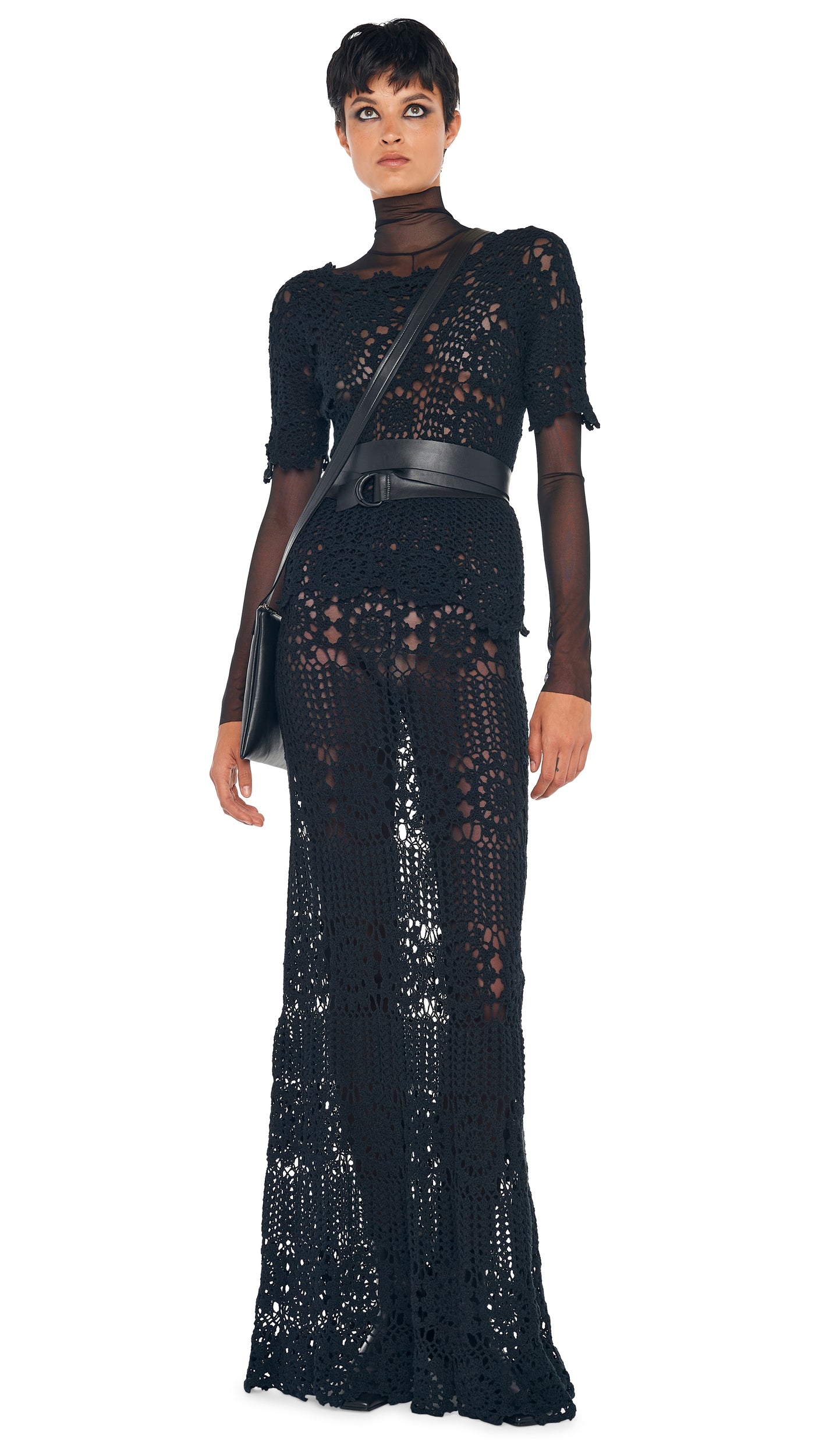 Norma Kamali Floral Crochet Short-Sleeve Top Black Norma Kamali Floral Crochet Short-Sleeve Top Black