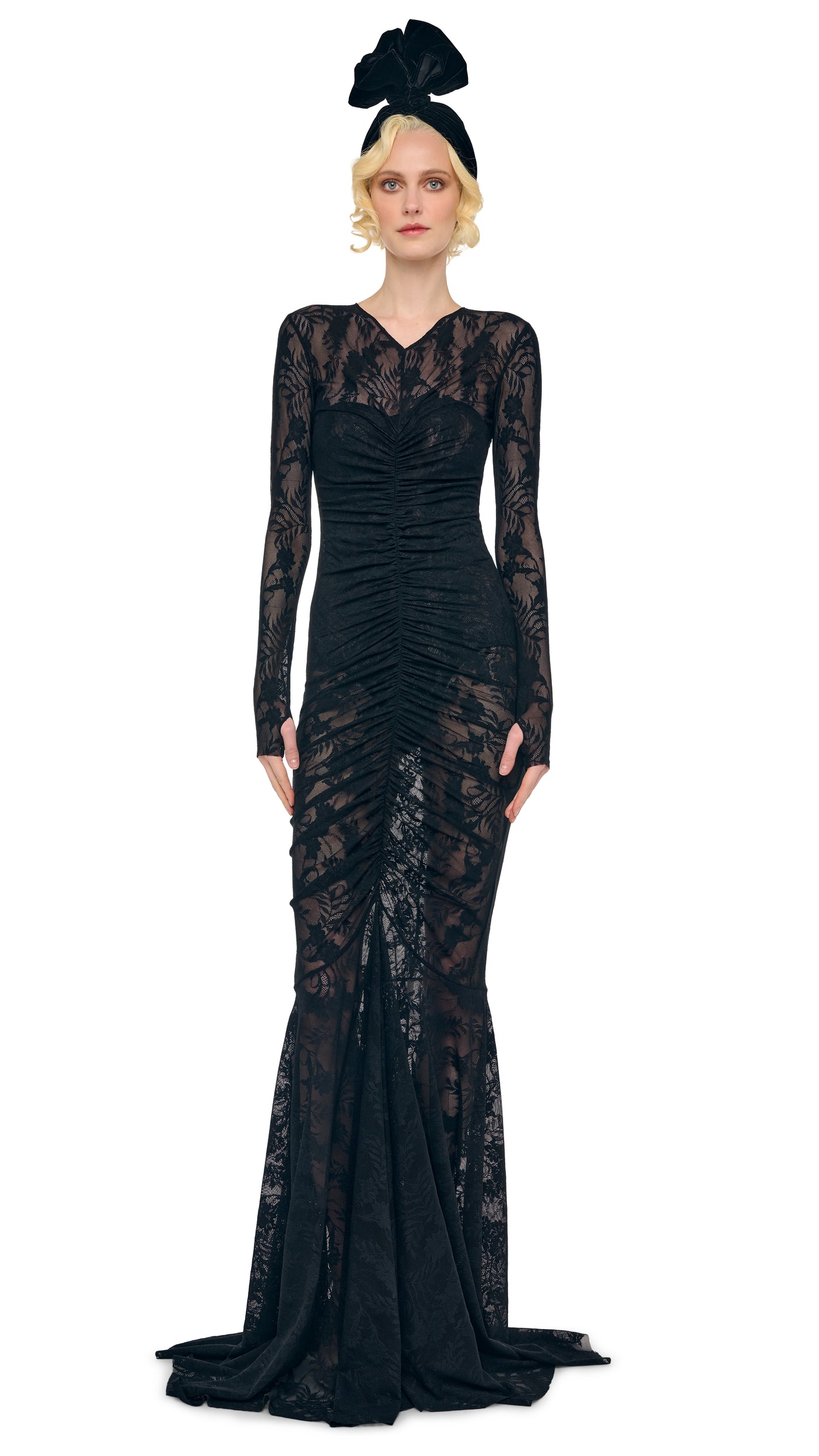 long sleeve black fishtail dress Norma Kamali Long Sleeve Turtleneck Open Back Fishtail Dress in Black