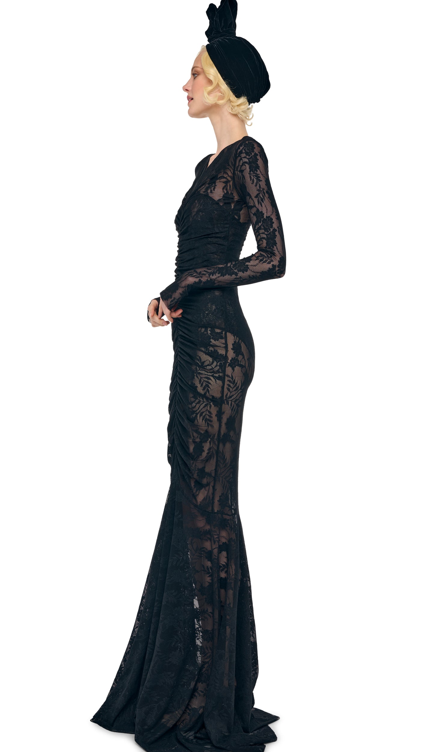 long black v neck dress with sleeves Norma Kamali Shirred Floral Lace Fishtail Gown