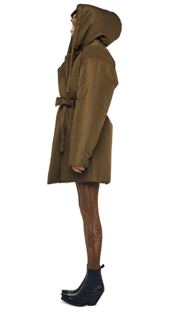 HOODED SLEEPING BAG COAT TO KNEE – Bark – Norma Kamali