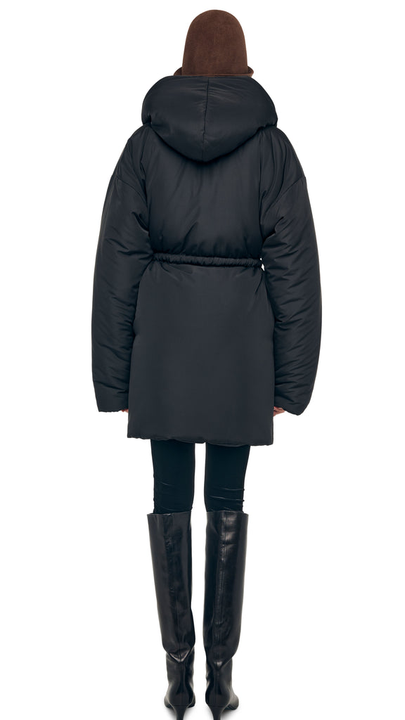 HOODED SLEEPING BAG COAT TO KNEE – Black – Norma Kamali