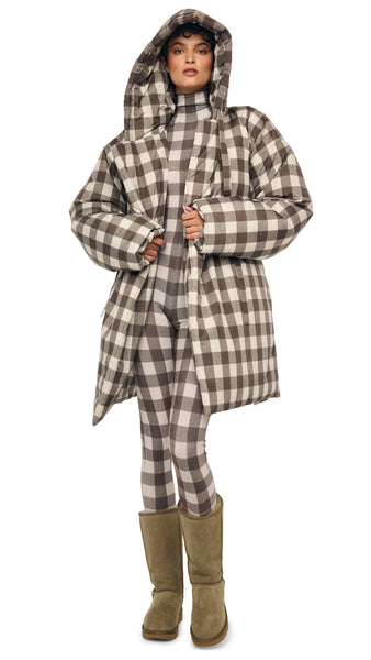 HOODED SLEEPING BAG COAT TO KNEE – Bark Box Plaid – Norma Kamali