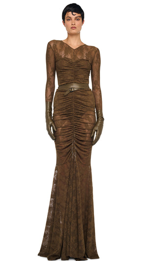 norma kamali long-sleeve v-neck shirred-front sequin fishtail maxi dress Norma Kamali Long Sleeve V Neck Shirred Fishtail Gown