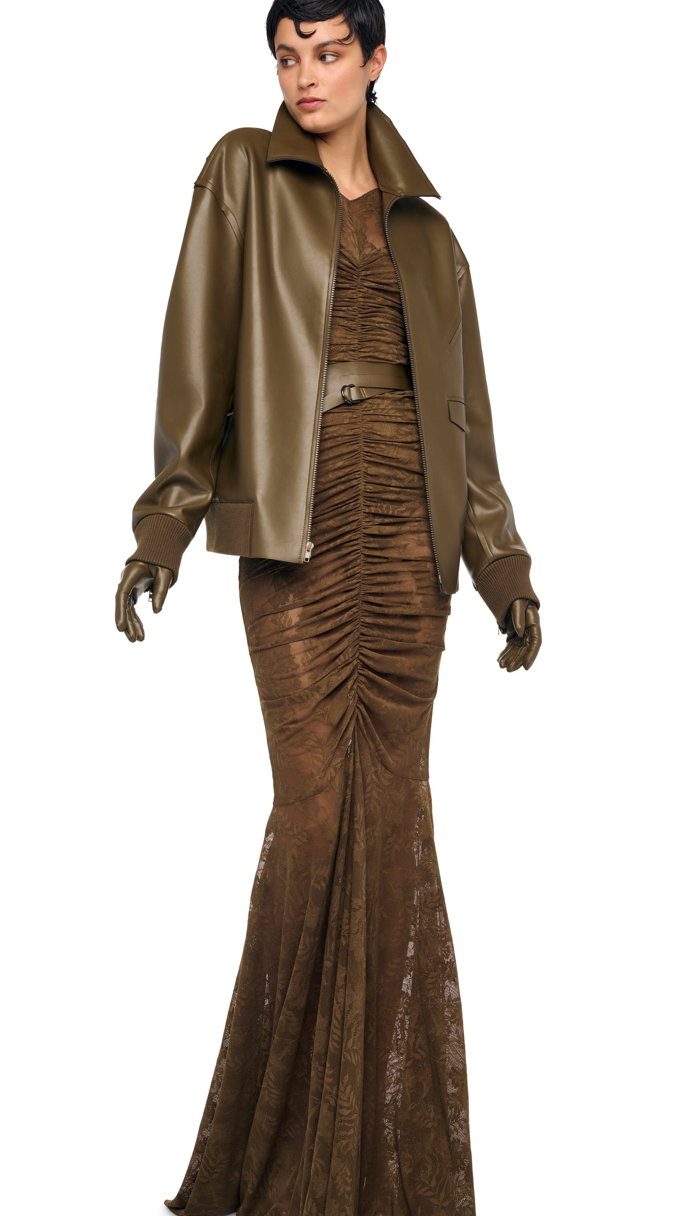 norma kamali long-sleeve v-neck shirred-front sequin fishtail maxi dress Norma Kamali Long Sleeve V Neck Shirred Fishtail Gown