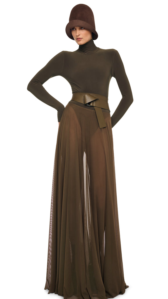 FLARED SKIRT TO FLOOR W/ LEGGING W/ FOOTIE – Bark – Norma Kamali