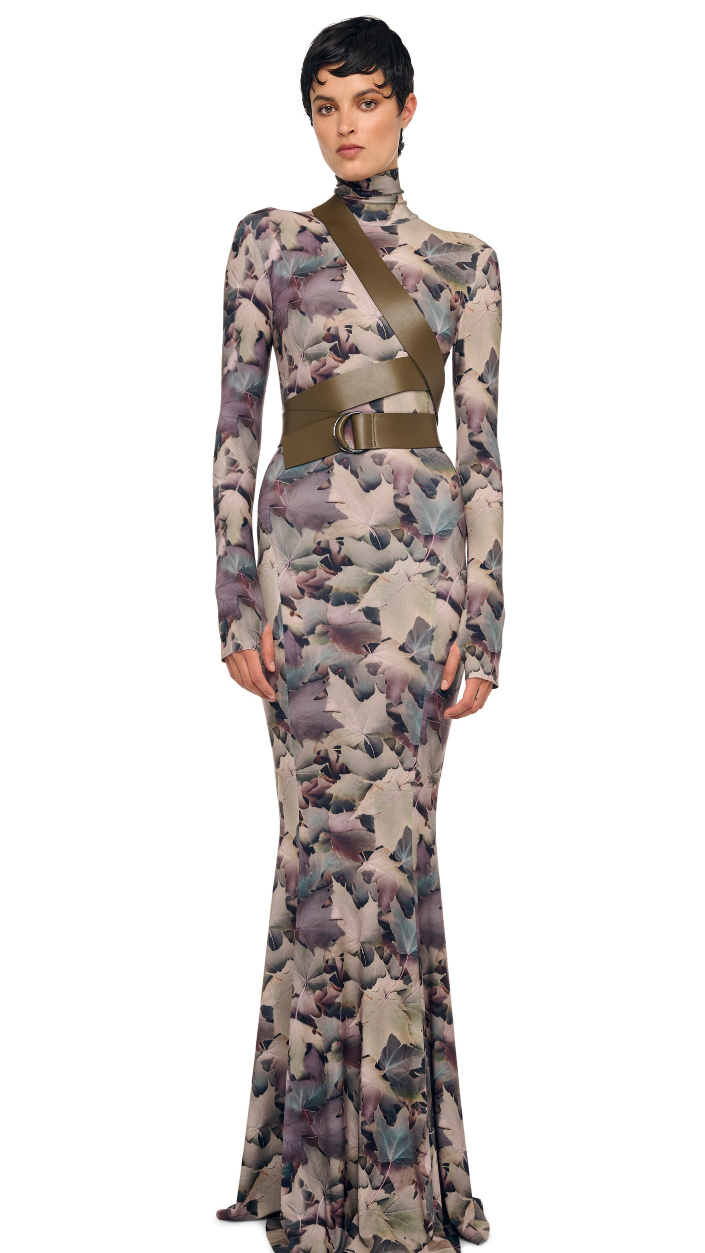 norma kamali long sleeve crew fishtail dress Norma Kamali Crew Fishtail Dress in Leopard