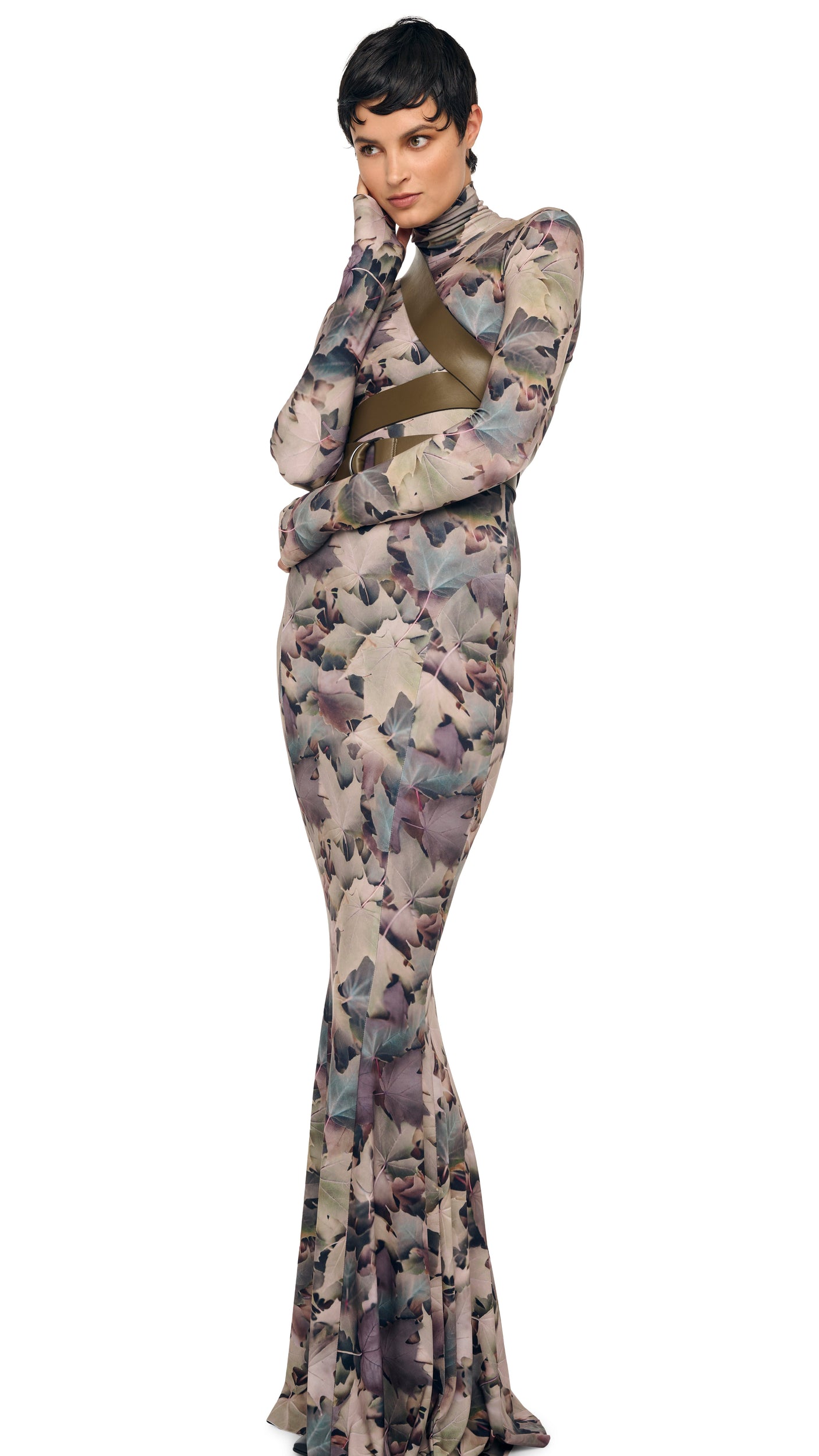Norma Kamali Long Sleeve Turtle Fishtail Gown - Autumn Leaves / Size XL Norma Kamali Long Sleeve Turtle Fishtail Gown - Autumn Leaves / Size XL