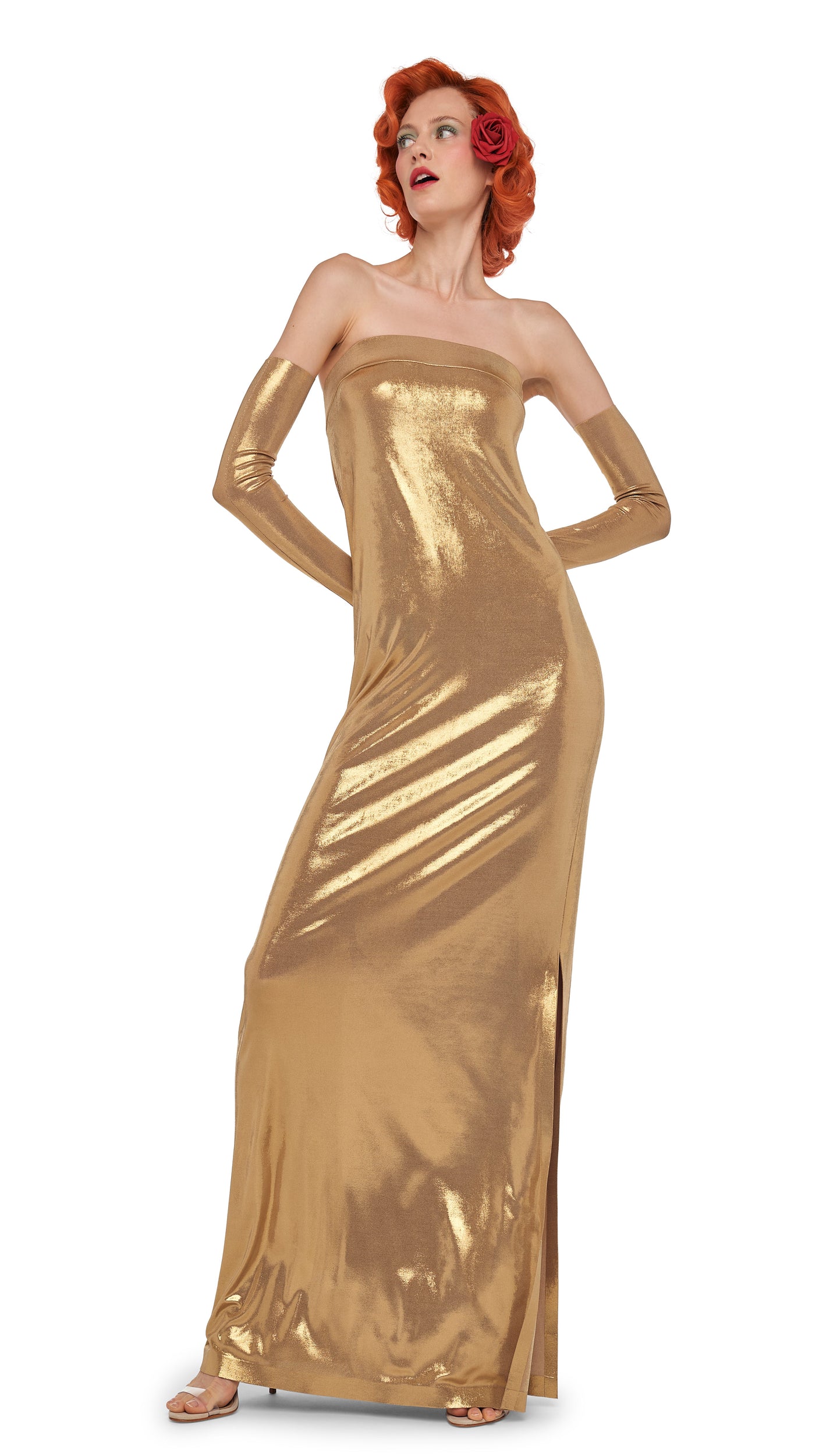 gold strapless dress long STRAPLESS TAILORED SIDE SLIT GOWN – Gold – Norma Kamali