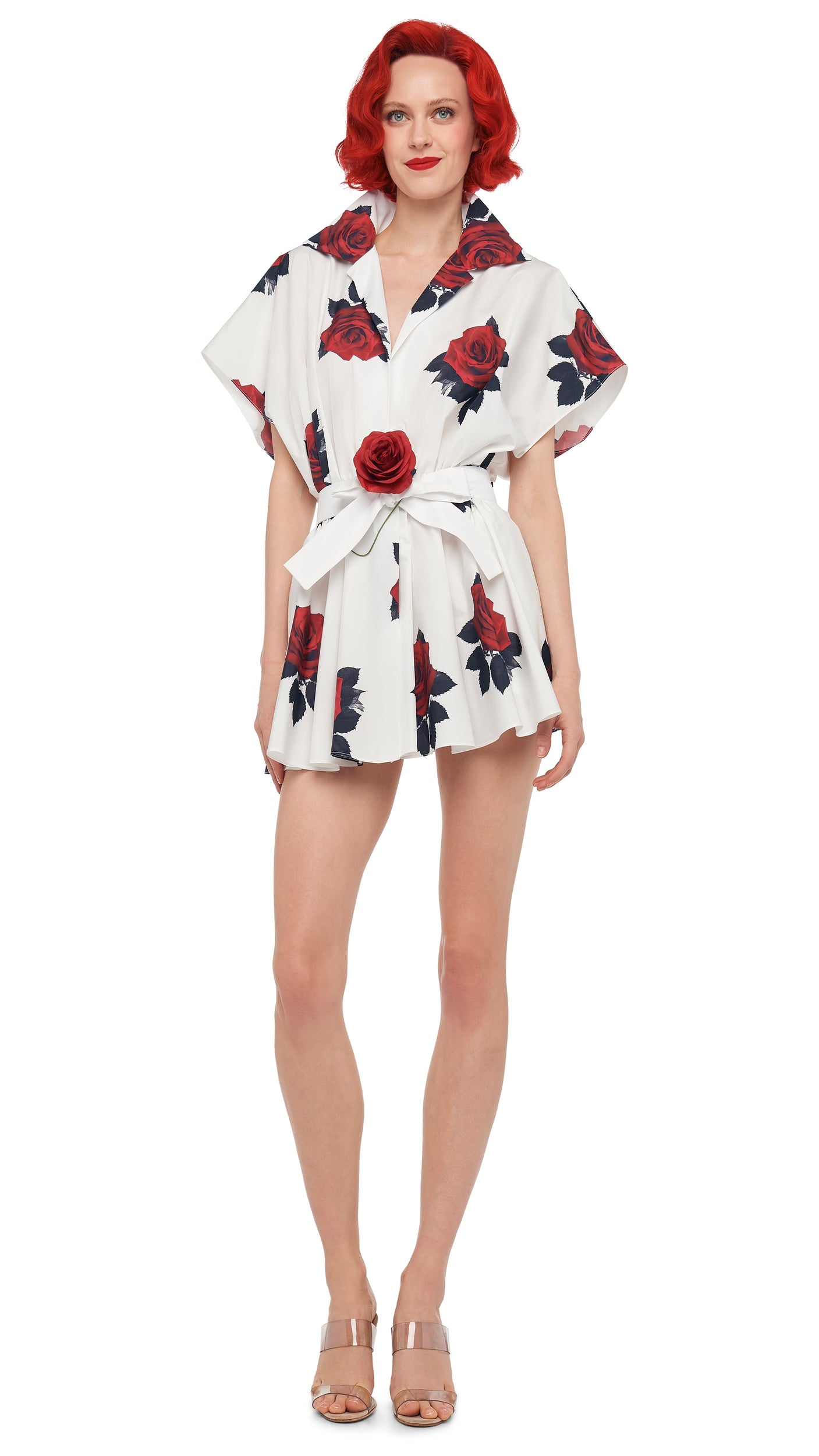 SUPER OS SLEEVELESS BF NK SHIRT FLARED MINI DRESS – Rose Print – Norma Kamali