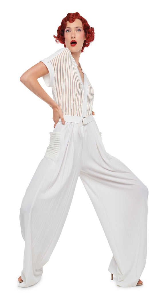 パンツ NEAT ALL WEATHER NYLON SATIN OVERALL GERALYN SHORT SLEEVE JUMPSUIT – Snow White – Norma Kamali