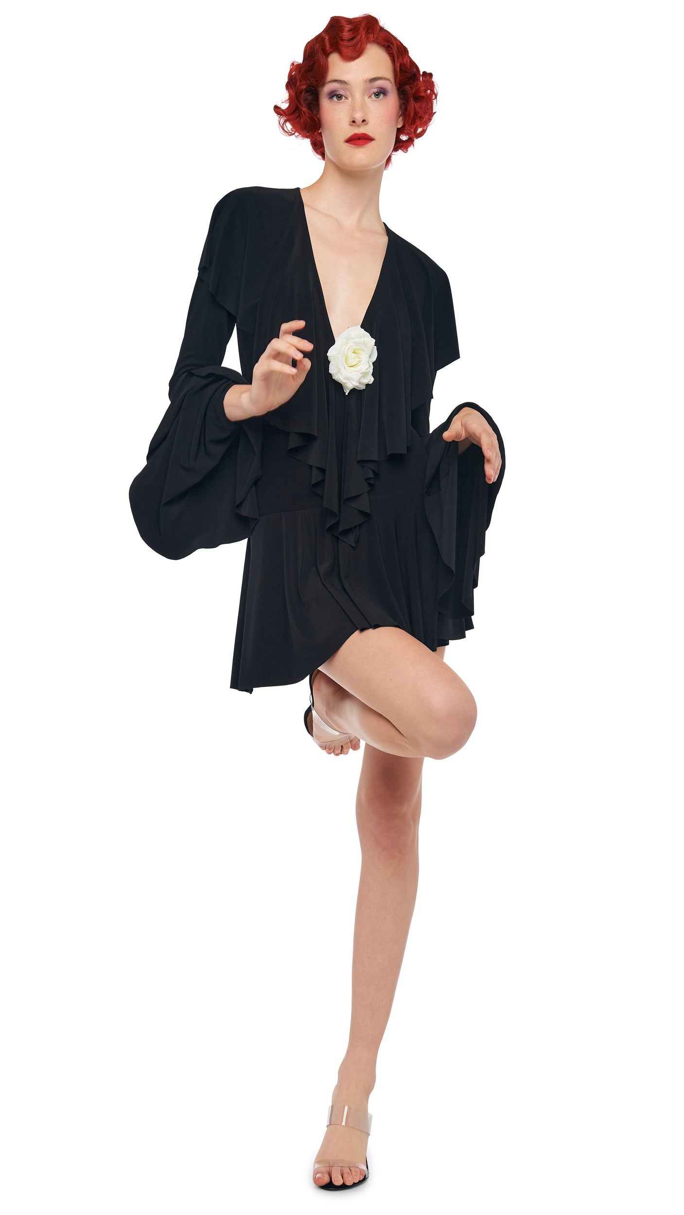 Norma Kamali Long Sleeve Deep V Ruffle Mini Dress - Black / Size XL Norma Kamali Long Sleeve Deep V Ruffle Mini Dress - Black / Size XL
