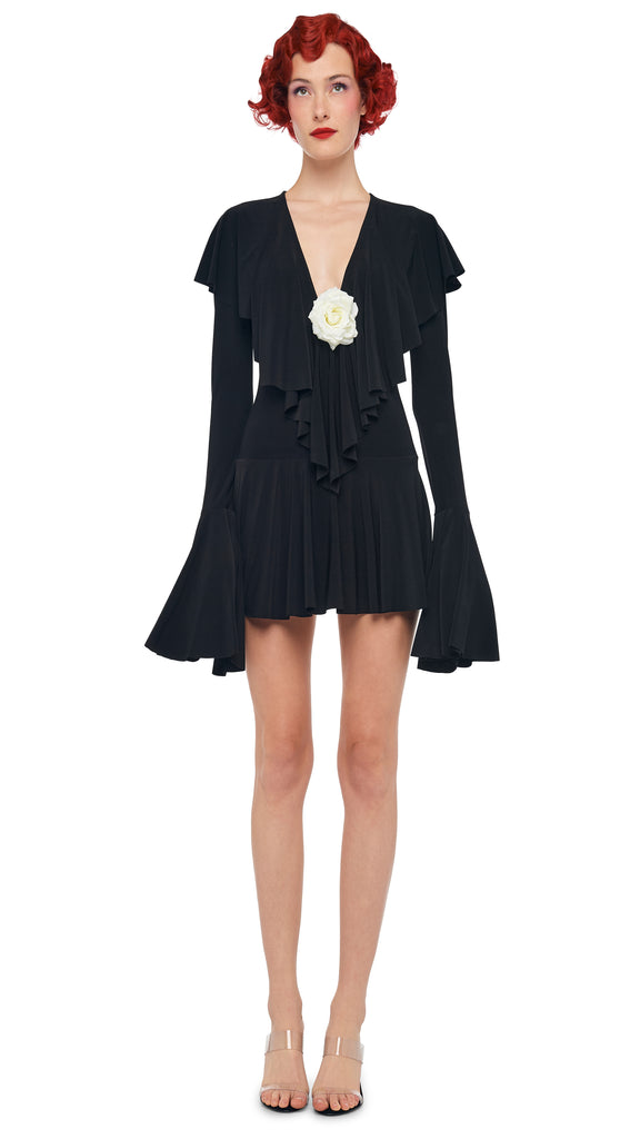 Norma Kamali Long Sleeve Deep V Ruffle Mini Dress