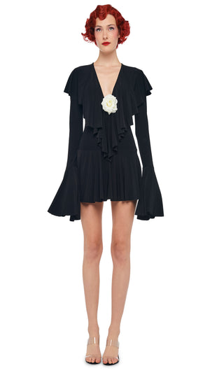 Norma Kamali Long Sleeve Deep V Ruffle Mini Dress - Black / Size XL Norma Kamali Long Sleeve Deep V Ruffle Mini Dress - Black / Size XL