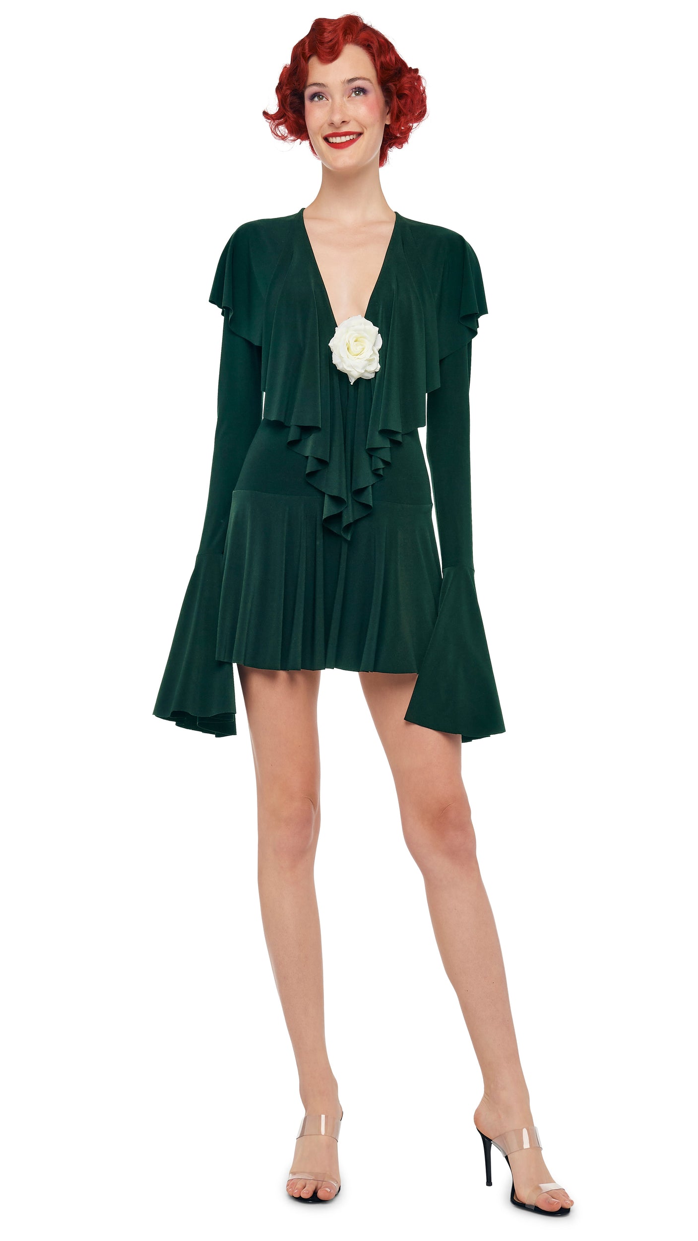 Norma Kamali Long Sleeve Deep V Ruffle Mini Dress - Dark Emerald / Size M Norma Kamali Long Sleeve Deep V Ruffle Mini Dress - Dark Emerald / Size M
