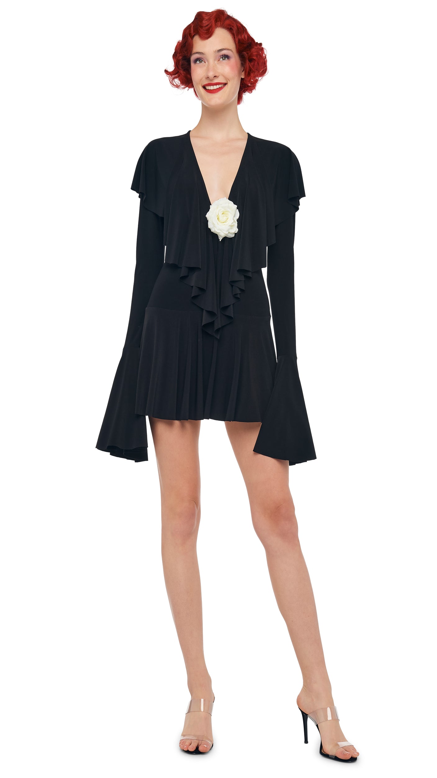 Norma Kamali Long Sleeve Deep V Ruffle Mini Dress - Black / Size XL Norma Kamali Long Sleeve Deep V Ruffle Mini Dress - Black / Size XL