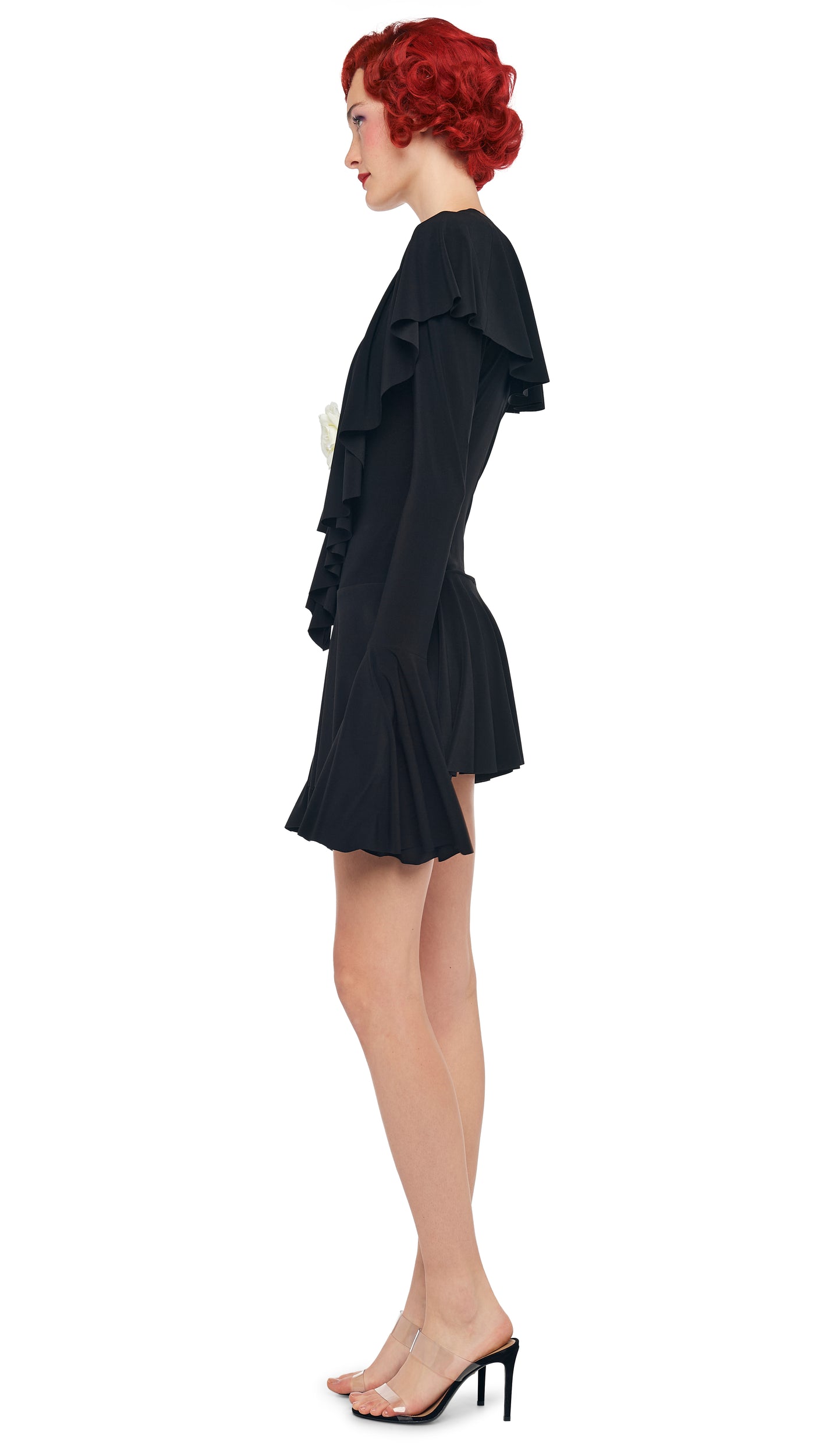 LONG SLEEVE DEEP V RUFFLE MINI DRESS Black Norma Kamali LONG SLEEVE DEEP V RUFFLE MINI DRESS Black Norma Kamali