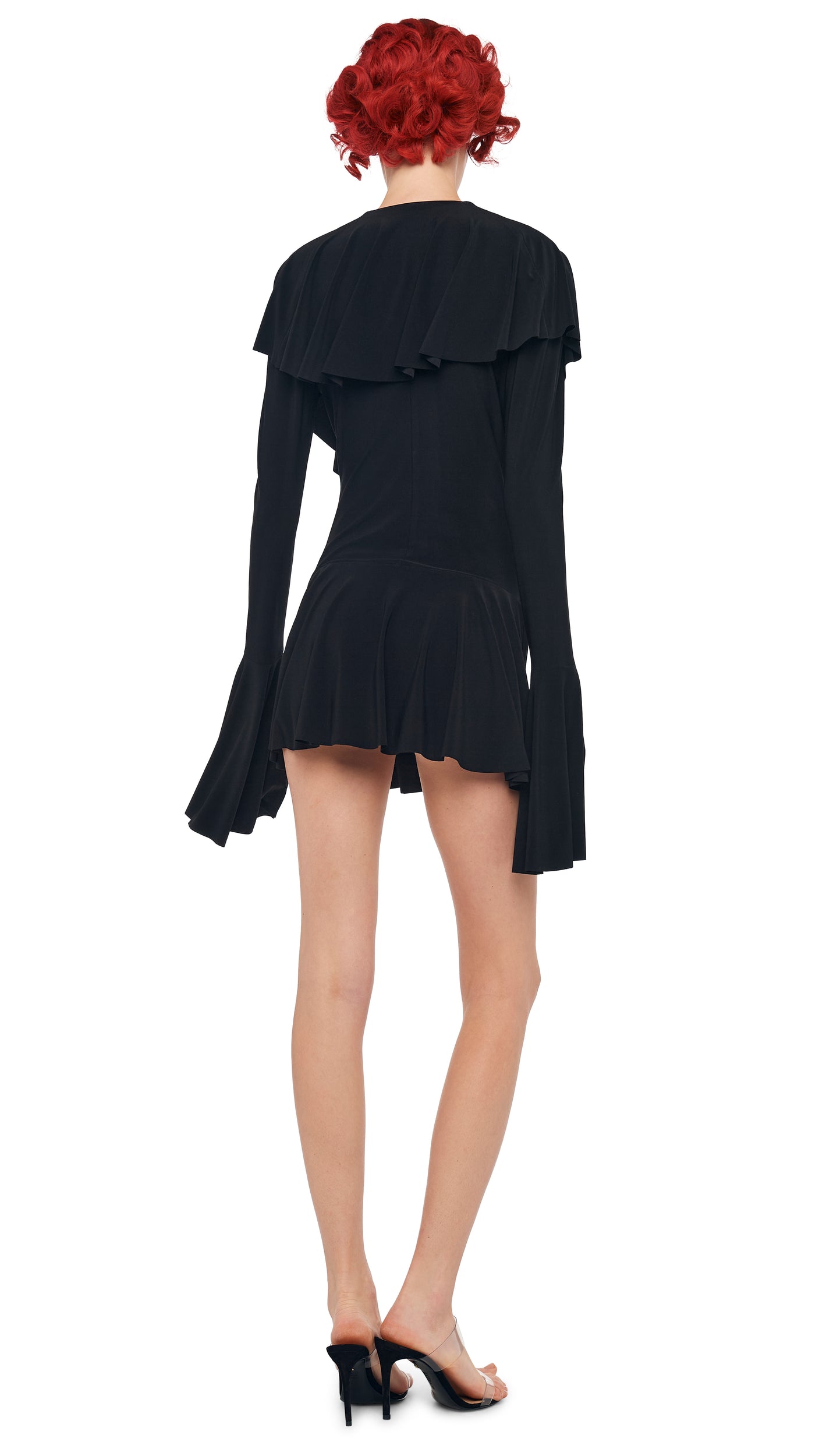 LONG SLEEVE DEEP V RUFFLE MINI DRESS Black Norma Kamali LONG SLEEVE DEEP V RUFFLE MINI DRESS Black Norma Kamali