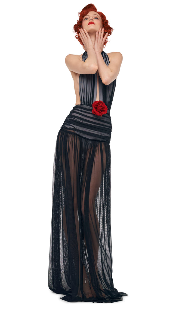 norma kamali halter dress Tie Front Gown in Black Suite 201 Hand wash HALTER SHIRRED GOWN Black/Snow