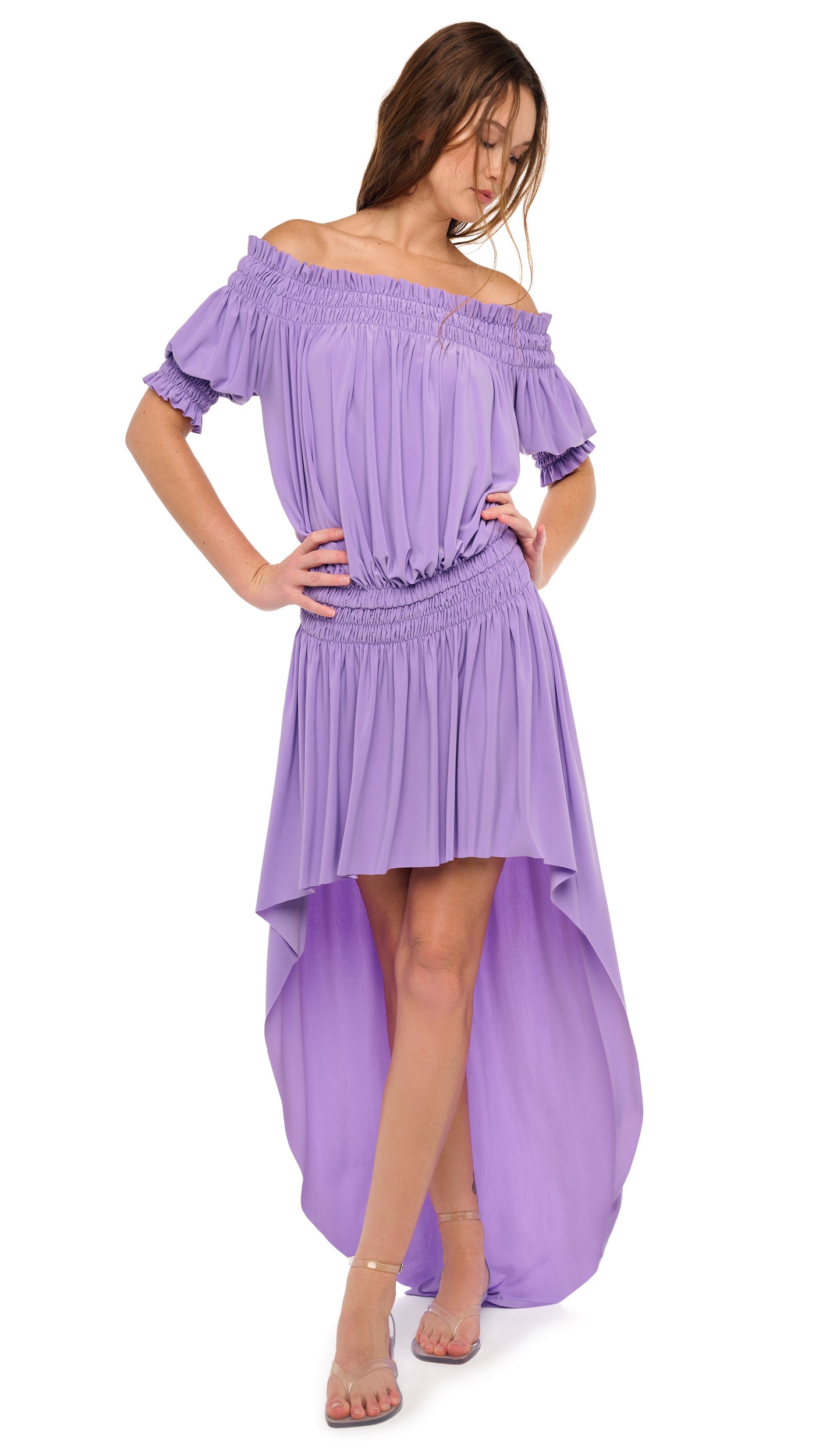 Norma Kamali Short Sleeve Peasant Hi Low Dress - Lavender / Size XL Norma Kamali Short Sleeve Peasant Hi Low Dress - Lavender / Size XL