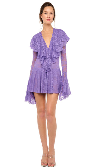 LONG SLEEVE DEEP V RUFFLE MINI DRESS #4 Thumbnail