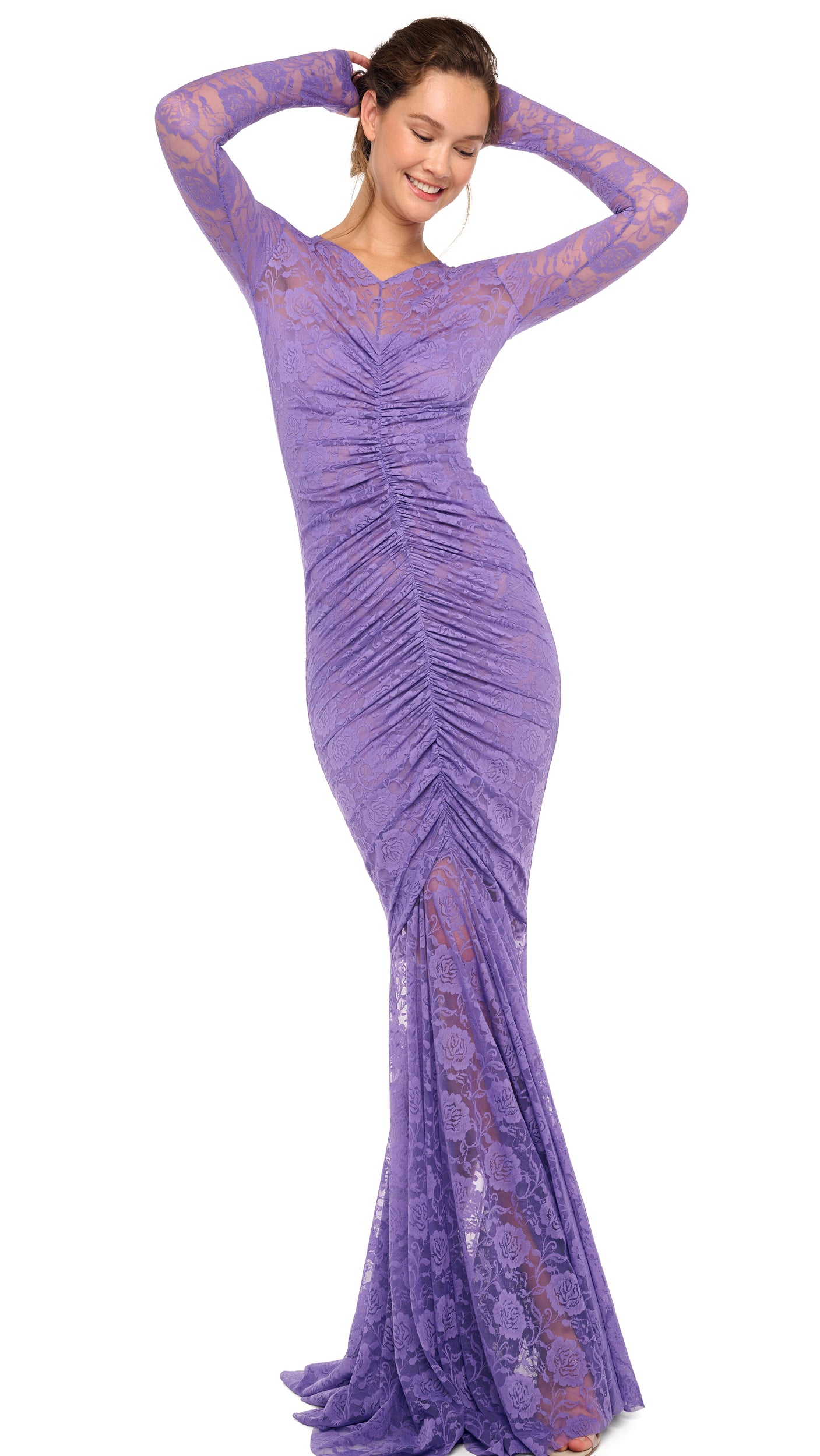 norma kamali long-sleeve v-neck shirred-front sequin fishtail maxi dress Norma Kamali Long Sleeve V Neck Fishtail Gown in Lavender