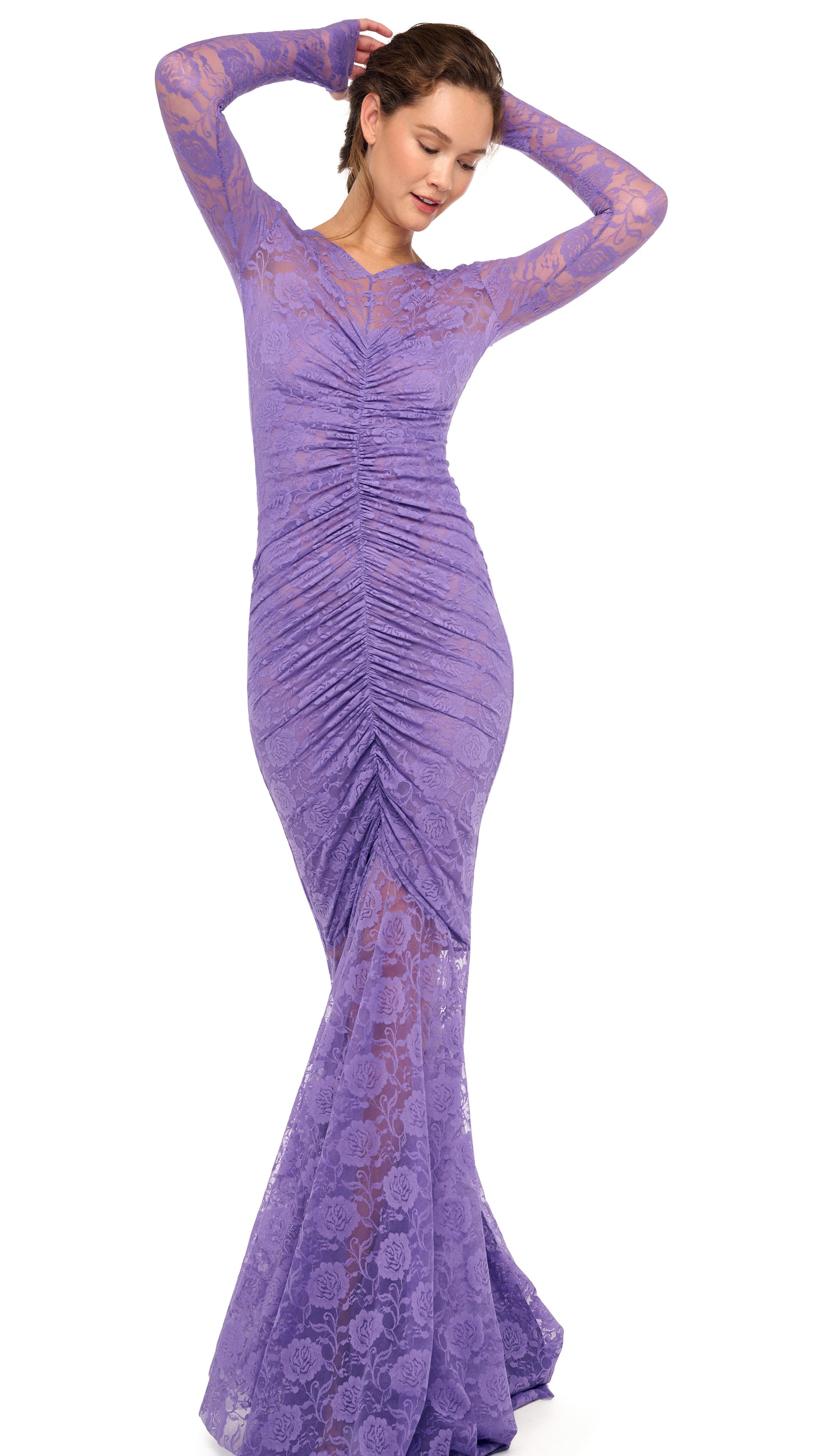 fishtail dress Norma Kamali V Neck Shirred Front Fishtail Gown