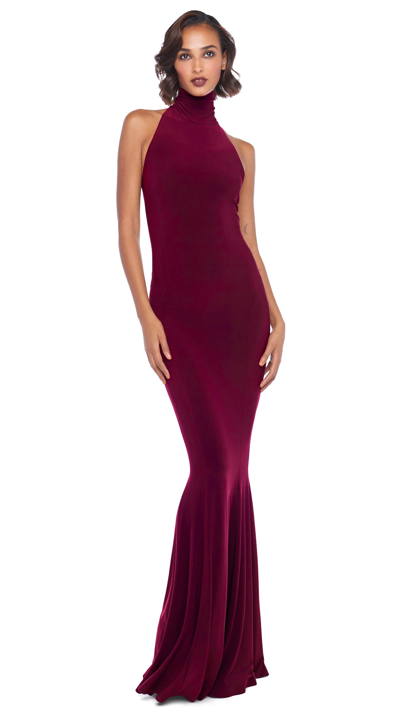 knee length dresses for ladies HALTER TURTLE FISHTAIL GOWN – Plum – Norma Kamali